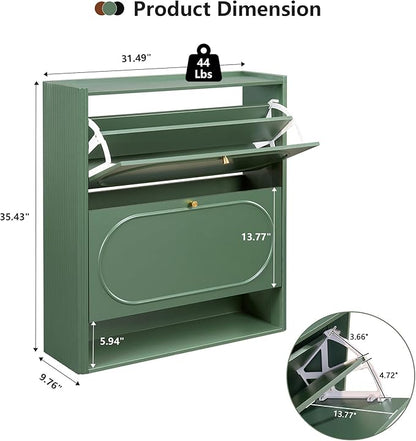 ORRD Shoe Storage Cabinet with 2 Flip Drawers Set of 2, Wood Narrow Shoe Cabinet for Entryway, Fluted Hidden Shoe Organizer, Freestanding Slim Shoes Cabinets for Foyer, Hallway-Green