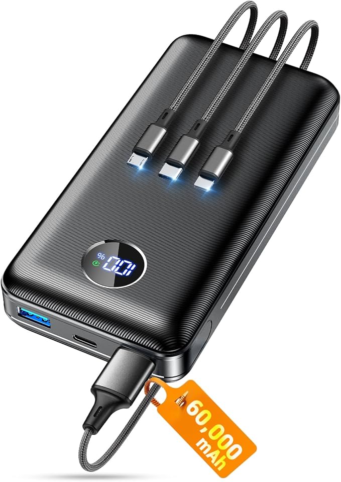 Portable Charger Power Bank, 60000mAh Battery Pack with 3 in 1 USB-C/iOS/Micro-USB Cable, 22.5W Fast Charging Portable Phone Charger, Travel Camping Essential Powerbank for iPhone 17/16/15/14 Samsung