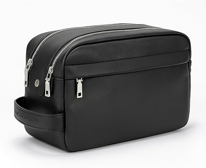 MIRASON Travel Toiletry Bag for Men Leather Travel Bag for Toiletries, Dopp Kit Water-resistant Shower Bag for Shaving Bathroom Organizer Gifts for Men, Black
