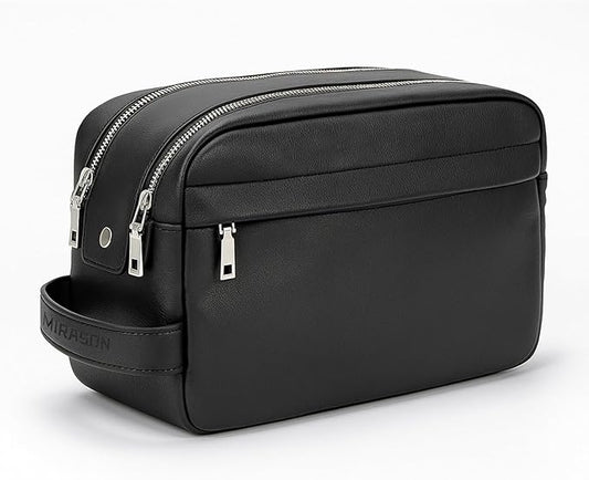 MIRASON Travel Toiletry Bag for Men Leather Travel Bag for Toiletries, Dopp Kit Water-resistant Shower Bag for Shaving Bathroom Organizer Gifts for Men, Black