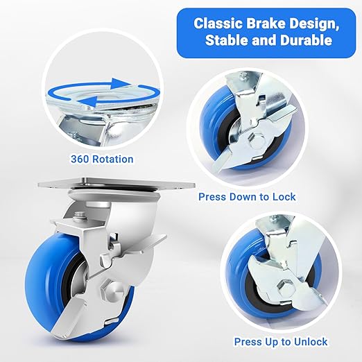 W B D WEIBIDA 4 Inch Heavy Duty Casters Set of 4, Smooth Rolling Caster Design for Cart Wheels, 2500 LBS Industrial Grade Castors with Upgraded Thickened Bracket, Durable Castors (2 Brake & 2 Rigid)