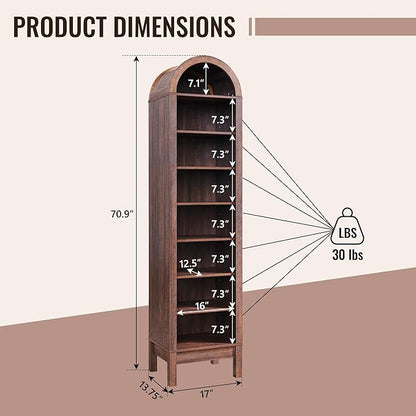 71" Tall Arched Bathroom Storage Cabinet, 8-Tier Modern Farmhouse Storage Cabinet with Adjustable Shelves, Wood Freestanding Cabinet for Bathroom, Living Room, Entryway, Hallway (Brown)