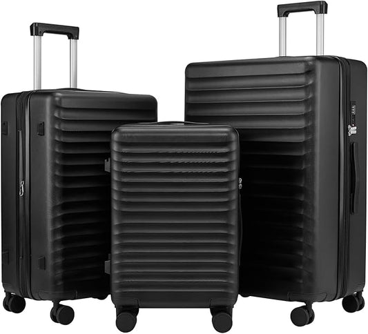 Travel Suitcase Sets 3 Piece, Expandable Hardshell Luggage Sets 3pcs with TSA Lock Spinner Wheels, Black (20''/24''/28")