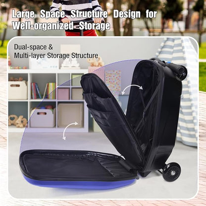 20" Kids Scooter Suitcase Ride-On Carry-On - 2-in-1 Lightweight Hardshell Luggage for Airplane Travel, Foldable Rolling Suitcase for Boys & Girls Ages 4-12