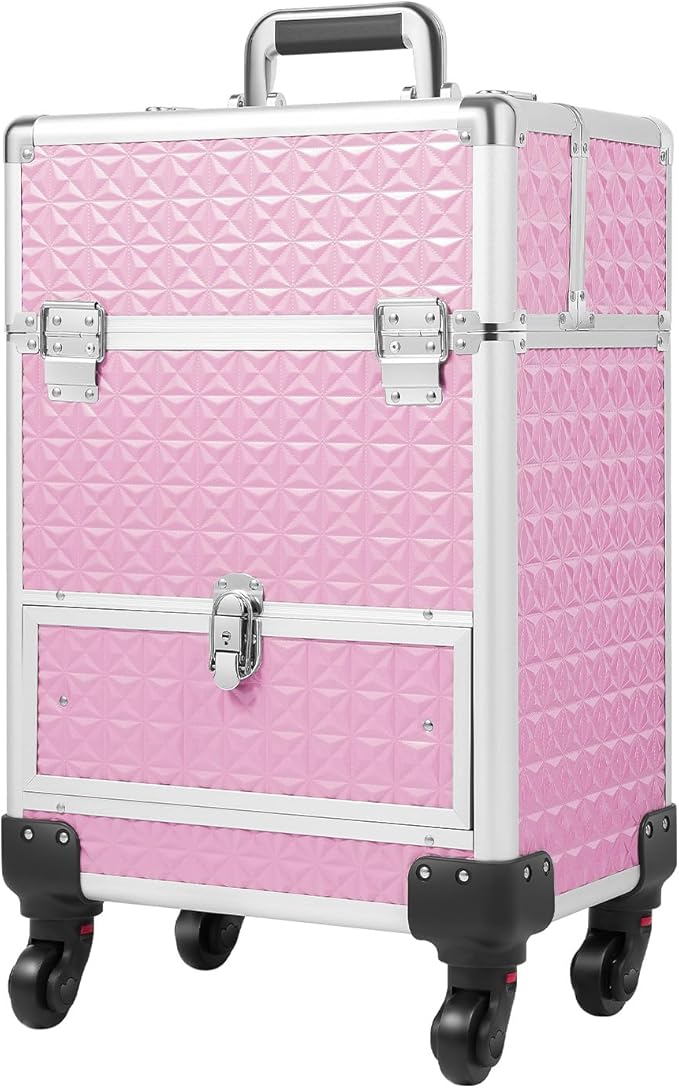 Rolling Makeup Train Case,Multi-functional Cosmetic Trolley with 360° Swivel Wheels Keys,Salon Barber Case Traveling Cart for Nail Technicians Hairstylist (Pink)