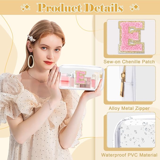 Personalized Initial Letter Clear Makeup Bag,Preppy Small Nylon&PVC Cosmetic Zipper Bag with Chenille Letter,Travel Skincare Toiletry Bag,Monogram Christmas Gift for Teen Girls Women,E