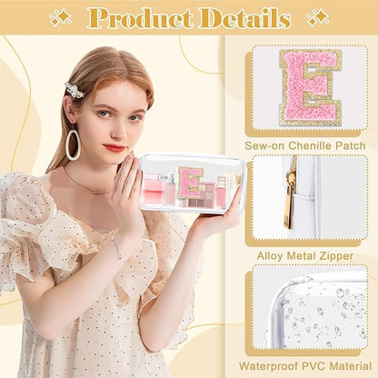Personalized Initial Letter Clear Makeup Bag,Preppy Small Nylon&PVC Cosmetic Zipper Bag with Chenille Letter,Travel Skincare Toiletry Bag,Monogram Christmas Gift for Teen Girls Women,E