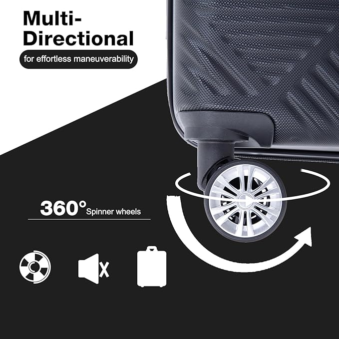 Luggage 4 Piece Set, Hardshell ABS Suitcase Set with Double Spinner Wheels, Lightweight Suitcase, Carry On and Checked Travel Luggage,Dark Black