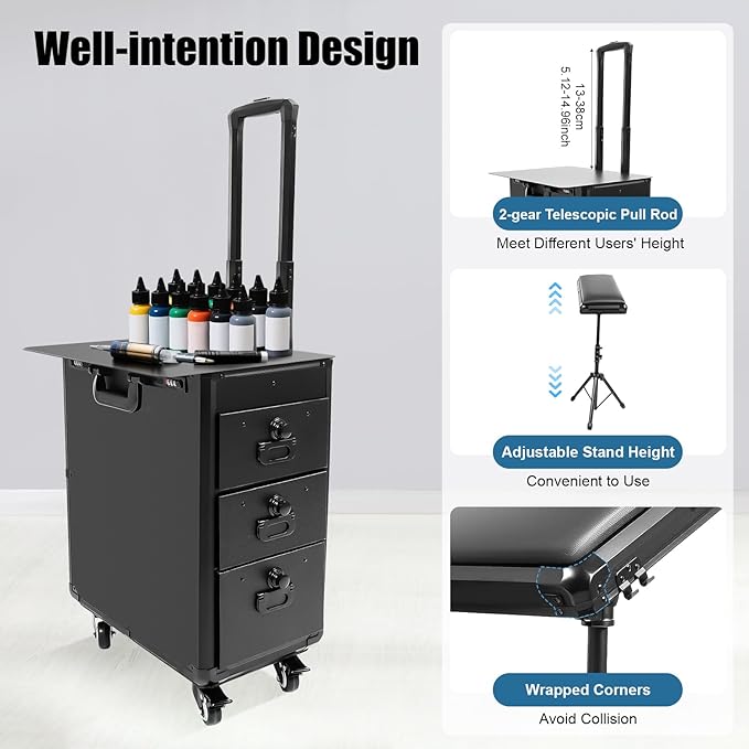 Rolling Makeup Train Case with Tattoo Armrest Stand, Tattoo Travel Case with 3 Drawers & Wheels, Portable Tattoo Station with Metal Panel for Makeup Artists, Estheticians & Crafters