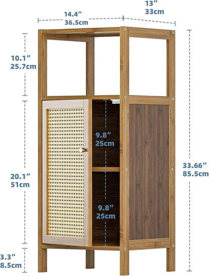 HITNET Rattan Bathroom Floor Cabinet, Bamboo Storage Cupboard with Single Door, Freestanding Small Living Room Sideboard, Space Saving Entryway Storage Unit, Walnut