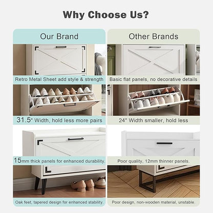 Shoe Storage Cabinet,Farmhouse Shoe Organizer with 2 Flip Drawers & Barn Door Design,Freestanding Hidden Slim Narrow Shoe Rack Cabinet for Entryway,Foyer,Hallway,Antique White