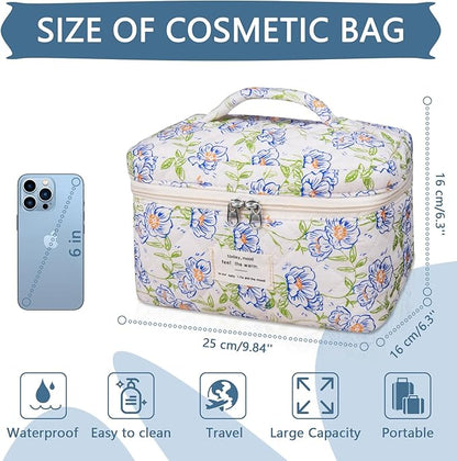 Large Makeup Bag, Cute Cosmetic Bag for Women Girls, Floral Coquette Aesthetic Toiletry Bag, Travel Make Up Organizer Bag (light blue)