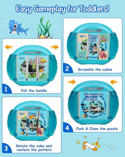 Rotating 3D Puzzle for Kids 3 4 5 6 7 Year Old, 4 Puzzles in 1, Handheld Game Fidget Toys for Travel, Cars & Plane, Fine Motor Skills Developing (Marine Life)