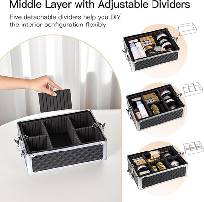 Professional Rolling Makeup Case, Cosmetology Case on Wheels 4 in 1 Large Cosmetic Train Case, Ideal Gift for Hairstylist, Nail Techs, Portable Beauty Organizer for Travel or Salon Use