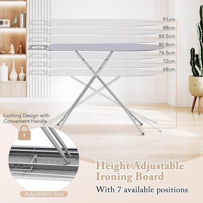 COSTWAY Ironing Board Full Size, Foldable Iron Table w/Rest, Height Adjustable, Removable Cover, Heavy-Duty Metal, Compact and Space Saver Iron Board for Living Room, Laundry (Light Gray)