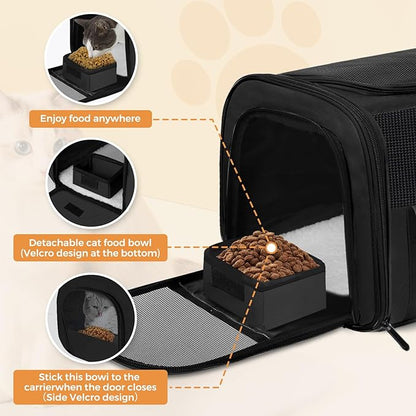 Cat Carrier Soft for Pets Up to 15 Lbs, Cat Travel Bag with Padded Shoulder Strap and Detachable Cat Food Bowl, Pet Dog Carriers for Small Dogs Travel Puppy Carry Airline Approved, Black