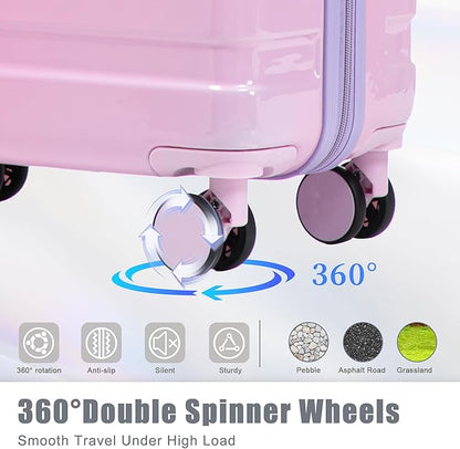 Campfun 3 Piece Luggage Sets, PC Gradient Color Suitcase Set with Double Spinner Wheels, Durable Carry On Luggage with Combination Lock, 20/24/28 inch, Purple+Pink