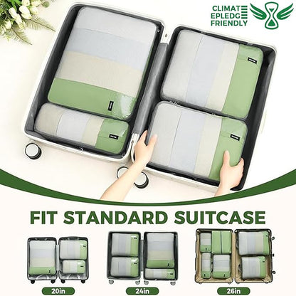 BAGAIL 6 Set Lightweight Compression Packing Cubes with Packing List, Anti-Tearing Expandable Organizer Bags for Travel, Matcha Green