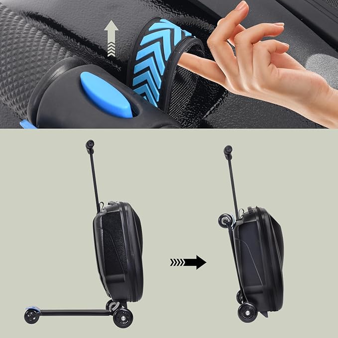 Apelila 20" Scooter Suitcase for Kids, 2-in-1 Ride On Luggage with Wheels for Boys & Girls Ages 4-15, Foldable Hardshell Carry On Lightweight Travel Suitcase for Airplane (Black)