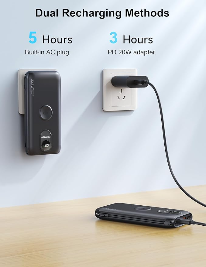 Portable Charger, 10000mAh 22.5W Fast Charging Power Bank with Built in Cable & Wall Plug, Travel Essential Battery Pack with LED Display, External Charger for iPhone 17/16, iWatch 11/10/9/8/Ultra/SE