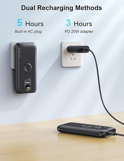 Portable Charger, 10000mAh 22.5W Fast Charging Power Bank with Built in Cable & Wall Plug, Travel Essential Battery Pack with LED Display, External Charger for iPhone 17/16, iWatch 11/10/9/8/Ultra/SE