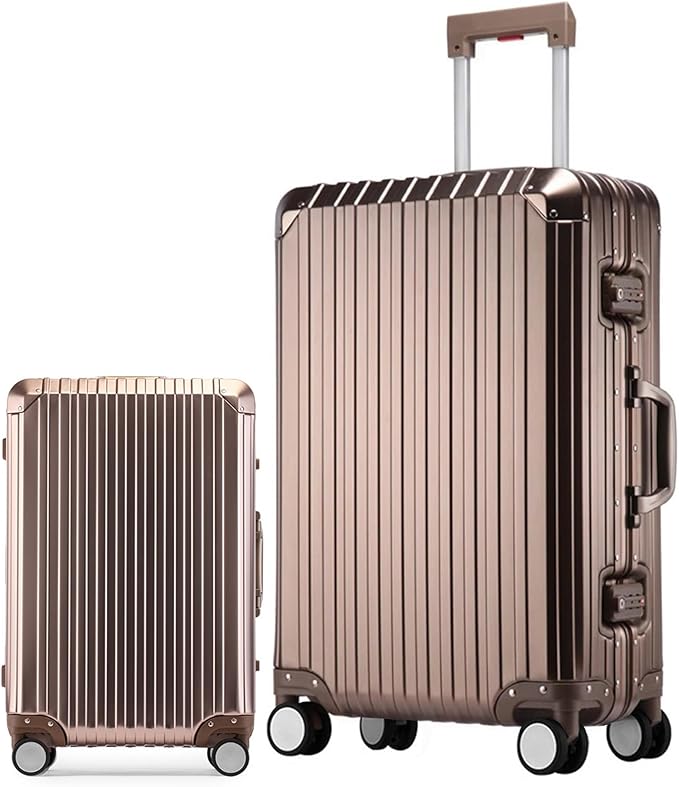 Oblique Angle Metal All Aluminum Magnesium Alloy Carry-on Luggage TSA Customs Lock Zipperless Silent Rotary Wheel Business Suitcase Set(titanium gold, 2Piece(20''/28''))
