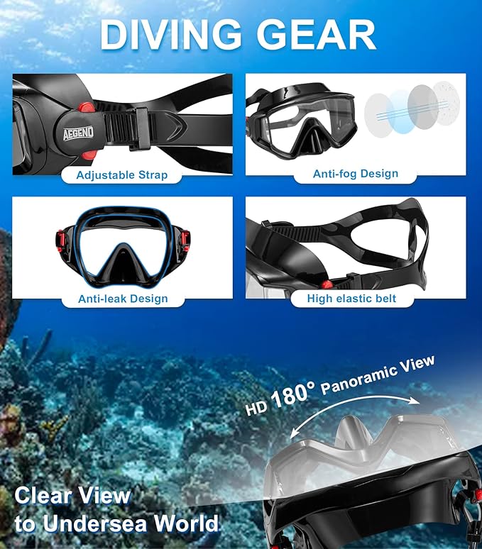 Aegend Snorkeling Gear for Adults Youth Kids, Dry Snorkel Set Panoramic View Enhanced Anti-Leak and Anti-Fog Technology, Adjustable Strap for Snorkeling Scuba Diving Swimming with Mesh Bag