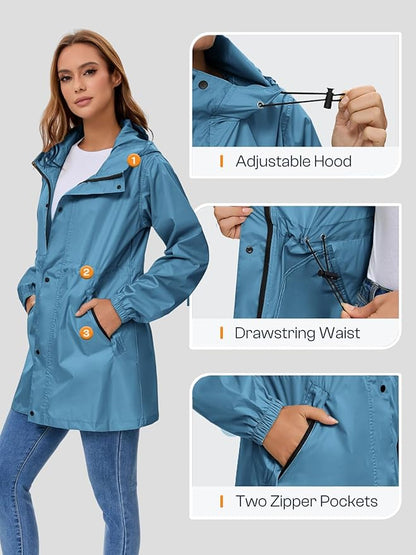 SaphiRose Women's Lightweight Long Rain Jacket Packable Raincoat Hooded Outdoor Trench Coats
