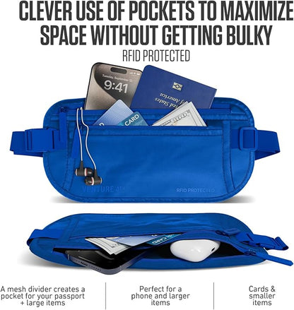 VENTURE 4TH Money Belt for Travel – Hidden Under-Clothes RFID Blocking Passport Holder & Slim Travel Wallet Pouch for Men & Women to Protect Cash, Cards & Documents (Sleek Blue)
