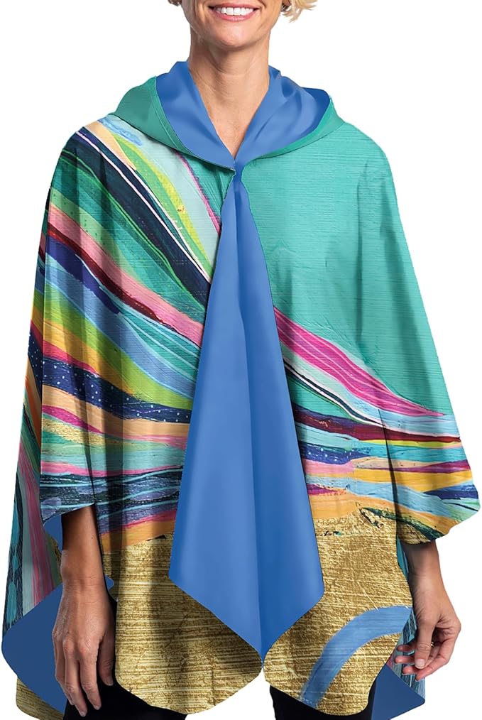RainCaper EttaVee Rainbow Riviera 1 Womens Rain Cape Poncho with Hood Reversible