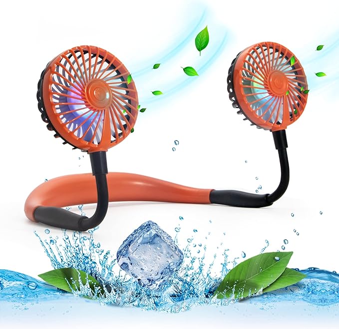 VAGAU Portable Cooling Neck Fan, Rechargeable USB With Colorful LED Lights, 360 Rotation, Wearable Air Conditioner for Office Travel Sport, 3 Adjustable Speeds (Orange)