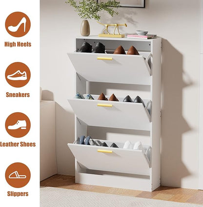 JOZZBY Shoe Cabinet Storage with 3 Flip Drawers for Entryway, White Slim Freestanding Modern Narrow Shoe Organizer Rack Cabinet for Hallway, Living Room