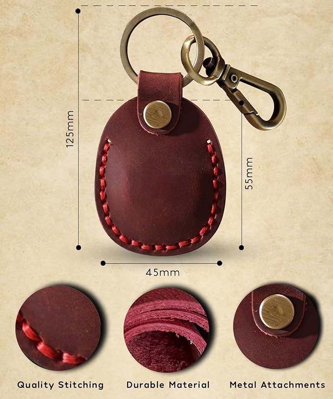 Genuine Leather AirTag Keyring Holder Compatible with Apple AirTags Keychain Leather, Anti Lost Secure Key Ring Case for Pet Collar Bag Travel Tracking, Protective Full Cover Air Tag Key Chain, Red