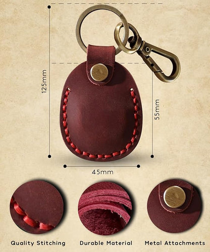 Genuine Leather AirTag Keyring Holder Compatible with Apple AirTags Keychain Leather, Anti Lost Secure Key Ring Case for Pet Collar Bag Travel Tracking, Protective Full Cover Air Tag Key Chain, Red
