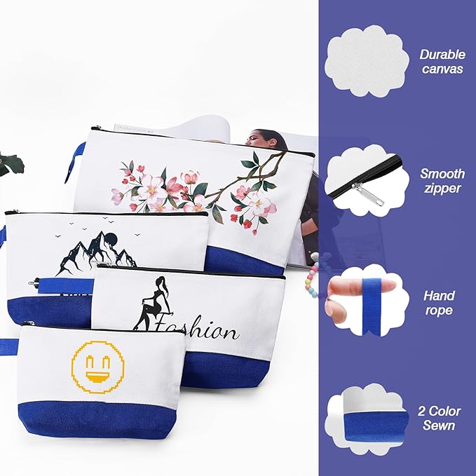10 Pieces Cotton Canvas Makeup Bag with Bottom and Strap, Multi-Purpose Cosmetic Bag with Zipper Travel Toiletry Pouch, Blank DIY Craft Bag (White&Blue, M)