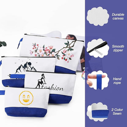10 Pieces Cotton Canvas Makeup Bag with Bottom and Strap, Multi-Purpose Cosmetic Bag with Zipper Travel Toiletry Pouch, Blank DIY Craft Bag (White&Blue, XS)