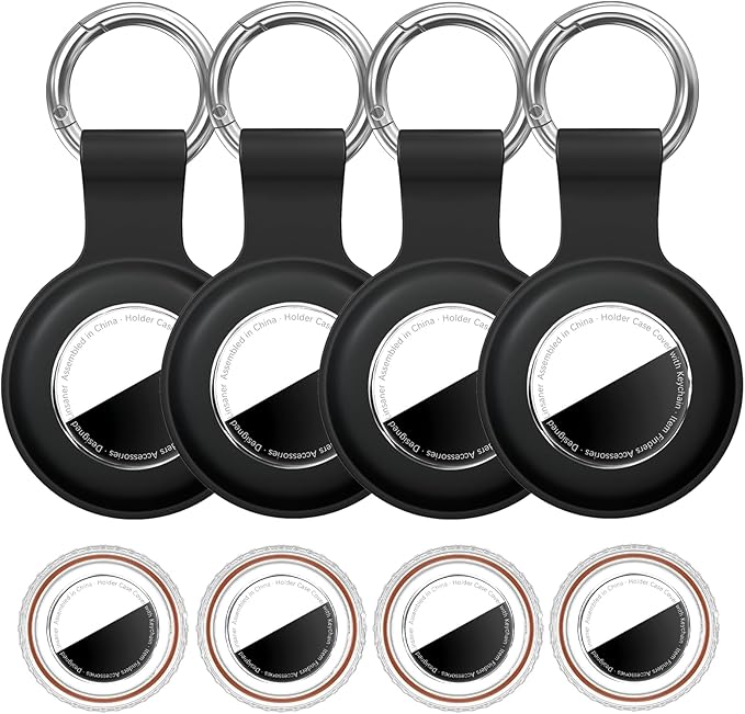 [4 Pack] for Airtag Holder Waterproof Case for Air Tags with Keychain,Shockproof GPS Cover [Anti-Scratch] [PC+Silicone] for Apple Tracker Item Tag Finders Accessories, Black