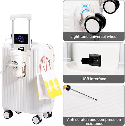 Carry-on Luggage with Cup Holder & USB Charging Port, Hard Side Luggage with Spinner Wheels, Lightweight Luggage for Travel, Business (White, Carry-On 20-Inch)