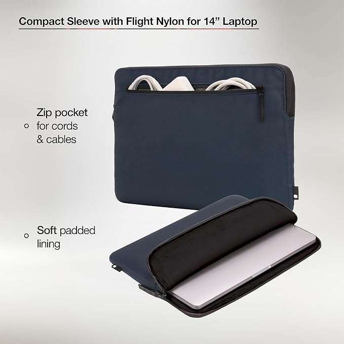 Incase Compact Laptop Sleeve with Flight Nylon - 14-inch MacBook/Laptop & iPad/Tablet Sleeve - Faux Fur Lining, Lightweight, Durable, Weather Resistant, Slip Pocket for Accessories - Navy