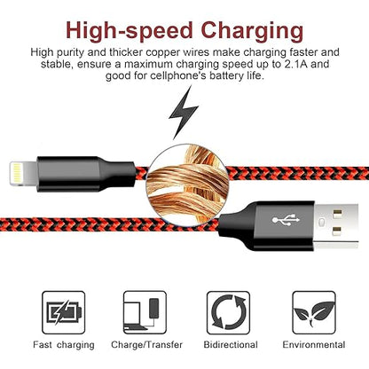 cugunu iPhone Charger, 5 Pack 3/3/6/6/10FT Apple MFi Certified USB Lightning Cable Nylon Braided Fast Charging Cord Compatible for iPhone 14/13/12/11/X/Max/8/7/6/5/SE/Plus/iPad - Black Red