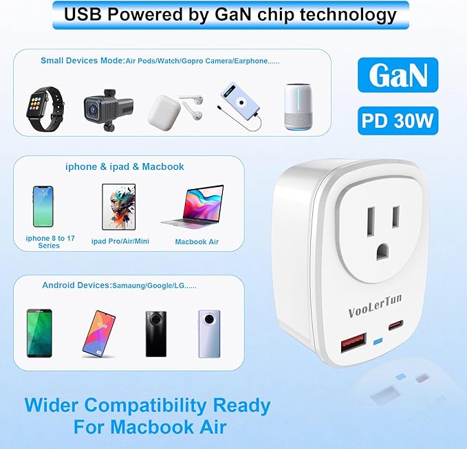 Type A Plug Adapter, VooLerTun Canada Japanese Travel Adapter with 30W Fast Charge Dual Ports (1 USB C) Compatible Cell Phone Camera, 1 American Outlet Adapter, US Converter for Japan Travel