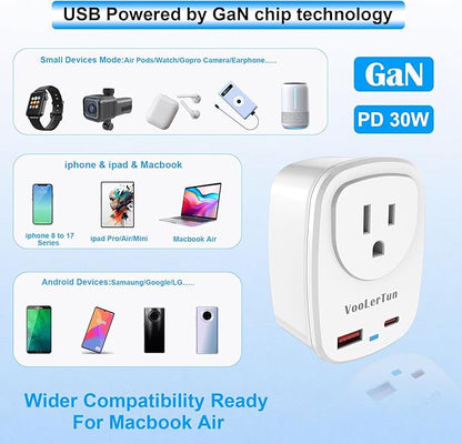 Type A Plug Adapter, VooLerTun Canada Japanese Travel Adapter with 30W Fast Charge Dual Ports (1 USB C) Compatible Cell Phone Camera, 1 American Outlet Adapter, US Converter for Japan Travel