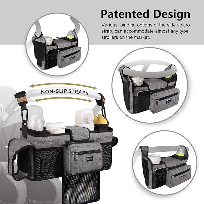 TOPDesign Universal Baby Stroller Organizer, Double Stroller Caddy with Detachable Mesh Bag & Heightened Insulated Cup Holders & Non-Slip Secure Hooks Accessories, Fits Most Strollers (Green)