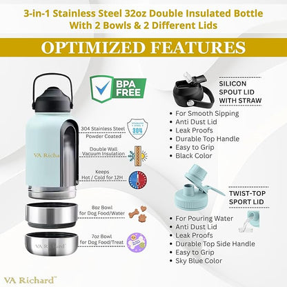 32oz Stainless Steel Dog Water Bottle, 3 in 1 Double-Walled Insulated, with 2 Bowls & 2 Different Leak-Proof Lids, Portable Travel Water Bottle for Pet & Humans, BPA-Free, Ideal for Walking & Outdoor