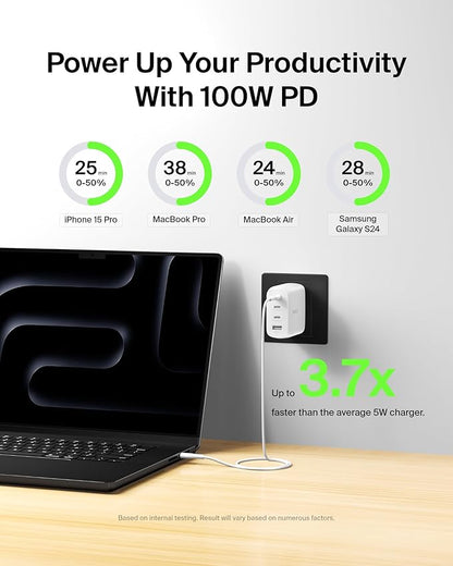 Belkin 112W 4-Port GaN Charger Block, USB-C Power Delivery Super Fast Charging & USB-A Port - MacBook, Samsung Galaxy S25, Apple iPhone 17, Air, iPad, Google Pixel, Nintendo Switch 2, etc. - White