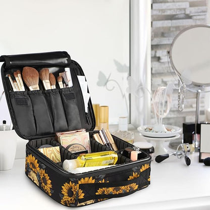 MNSRUU Travel Makeup Bag, Skull and Sunflower Women Makeup Case Organizer Cosmetic Toiletry Bag for Teenage Girl with Adjustable Dividers