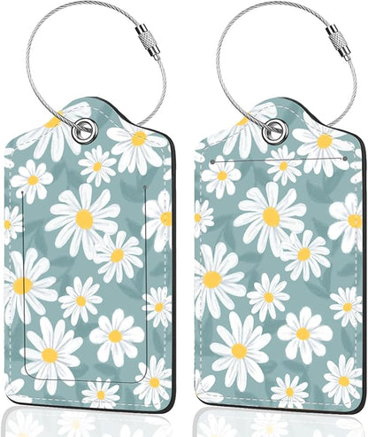 2Pack Luggage Tags for Suitcases, Cute Unique Pu Leather Cruise Luggage Tag with Privacy Cover ID Label Address Card and Metal Ring Suitable for Women Men Kids Travel Bag White Flowers 2