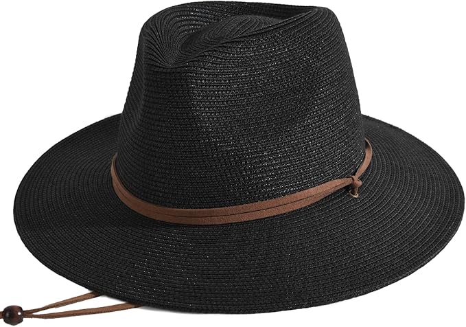 FURTALK Womens Summer Straw Sun Hats Wide Brim Panama Fedora Beach Hat with Wind Lanyard UPF 80+