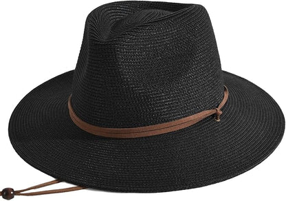 FURTALK Womens Summer Straw Sun Hats Wide Brim Panama Fedora Beach Hat with Wind Lanyard UPF 80+