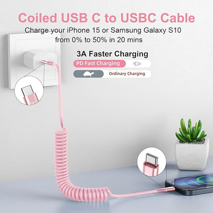 USB C to USB C Cable [3FT+6FT], 2Pack Coiled USBC Cable for Car USB Type C Fast Charging Cable, CarPlay iPhone USB-C Cable/Android Auto USB C Cord for iPhone 17/16/ 15/Pro Max/Samsung Galaxy S23-Pink